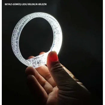 Beyaz-Gümüş Led Işıklı Baskı Yapılabilen Pilli Bileklik Bilezik 1,5 cm Genişlik