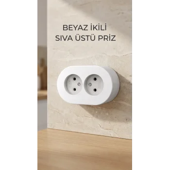 Beyaz İkili Sıva Üstü Dekoratif Topraklı Elektrik Prizi