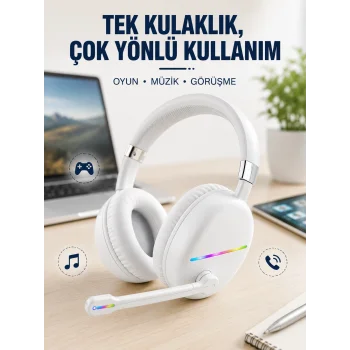 Beyaz Kablosuz Bluetooth Kulaklık Mikrofonlu Ergonomik Kulak Üstü Tasarım
