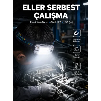 Beyaz Led Işık Sensörlü Kafa Lambası Lityum Batarya Led El Fenerli Şarjlı