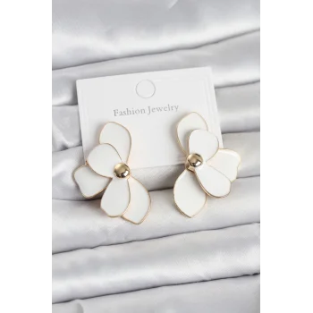 Beyaz Mineli Lotus Model Pirinç Kadın Küpe