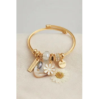 Beyaz Papatya Model Gold Renk Charmlı Bileklik