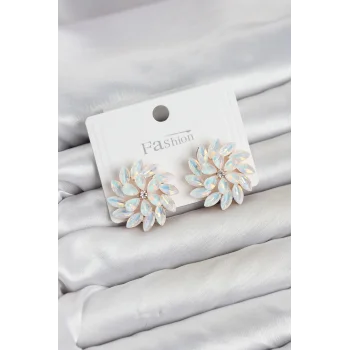 Beyaz Renk Kristal Taşlı Çiçek Model Kadın Küpe