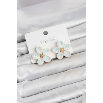 Beyaz Renk Kristal Taşlı Çiçek Model Kadın Küpe