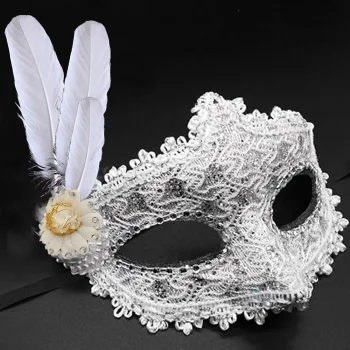 Beyaz Renk Tüylü Dantelli Gözleri Taşlı Balo Parti Maskesi (5047)