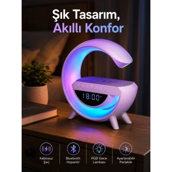 Bluetooth Hoparlör 15W Kablosuz Hızlı Şarj LED Gece Lambası
