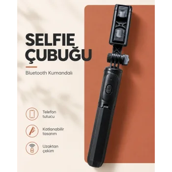 Bluetooth Kumandalı Katlanabilir Selfie Çubuğu ve Telefon Tutucu