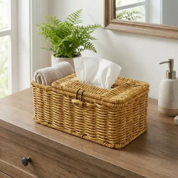 Bölmeli Kapaklı Doğal Rattan Görünümlü Hasır Makyaj, Takı ve Havlu Düzenleyici – Peçetelikli Çok Amaçlı Masaüstü Organizer Sepet (5047)