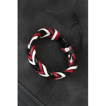 Bordo Beyaz Siyah Örgü Deri Erkek Bileklik