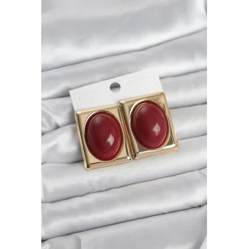 Bordo Kare Model Vintage Gold Renk Kadın Küpe