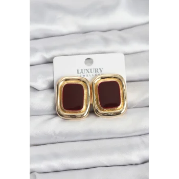 Bordo Mineli Kare Gold Renk Vintage Kadın Küpe