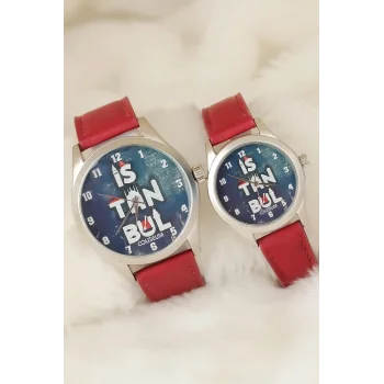 Bordo Renk Deri Kordonlu İstanbul Tasarımlı Sevgili Saatleri