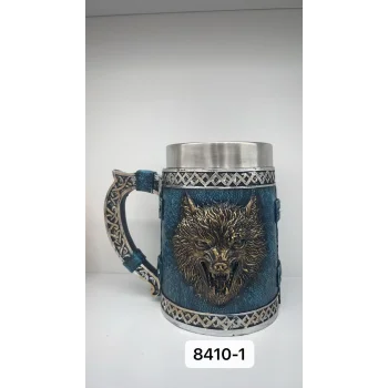 Büyük Boy Mavi Kurt Motifli Çelik Kupa Kod 8410-1