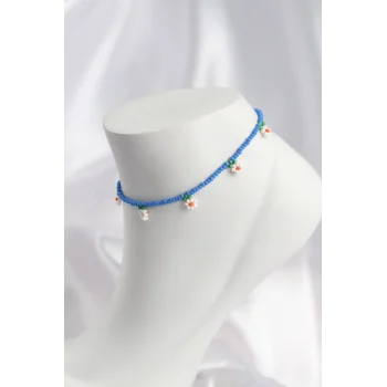 Buz Mavisi Renk Boncuklu Papatya Motifli Halhal