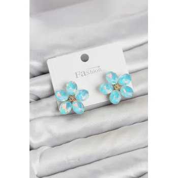 Buz Mavisi Renk Kristal Taşlı Çiçek Model Kadın Küpe