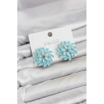 Buz Mavisi Renk Kristal Taşlı Çiçek Model Kadın Küpe