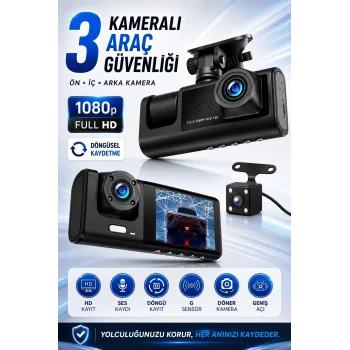 C309 Tipi 3 Kameralı Lcd Ekran Araç Kamerası Hareket Sensörlü Gece Görüşlü G Sensörlü