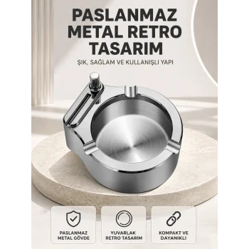 Çakmaklı Küllük Paslanmaz Metal Yuvarlak Tasarım