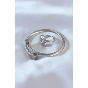 Çelik Gümüş Renk Sıkı Burgu Model Erkek Bileklik Yüzük Seti