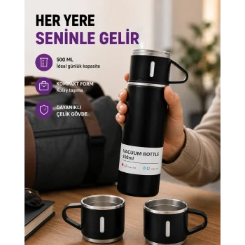 Çelik Termos Bardak Seti | 500 ml Kapasite, Kaymaz Taban, Hediye Kutulu