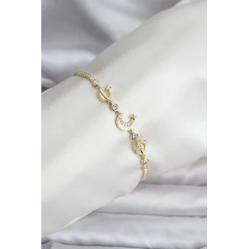 Charmlı Model Zirkon Taşlı Gold Renk Su Yolu Kadın Bileklik