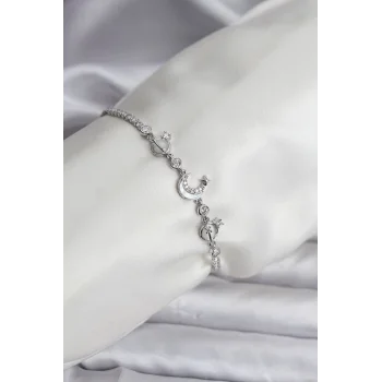 Charmlı Model Zirkon Taşlı Gümüş Renk Su Yolu Kadın Bileklik