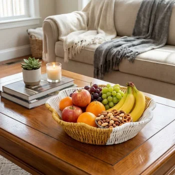 Çiçek Model Çift Renkli Plastik Rattan Ekmek ve Meyve Sepeti - Çok Amaçlı Banyo ve Mutfak Düzenleyici - Yıkanabilir Organizer (5047)