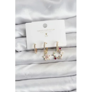 Çiçek Model Gold Renk Pirinç 3lü Kadın Küpe Seti