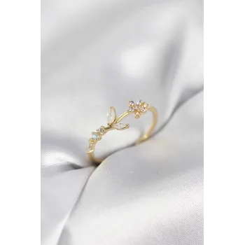 Çiçek Model Zirkon Taşlı Gold Renk Kadın Yüzük