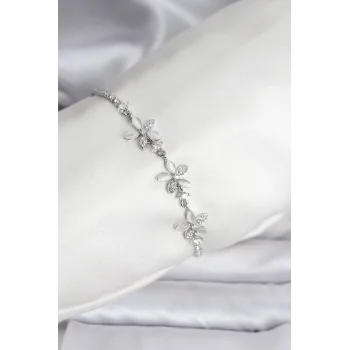 Çiçek Model Zirkon Taşlı Gümüş Renk Pirinç Su Yolu Kadın Bileklik
