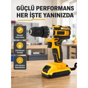 Çift Bataryalı Darbeli Şarjlı Matkap Seti – Metal Dişli, 24 Parça Aksesuar ve LED Işıklı