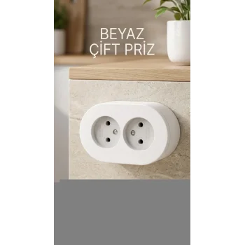 Çift Girişli Beyaz Sıva Üstü Topraklı Priz - Dekoratif Duvar Prizi