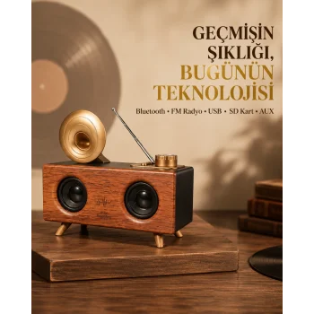 Çift Hoparlörlü Retro Bluetooth Speaker 1800mAh Bataryalı AUX USB SD Kartlı