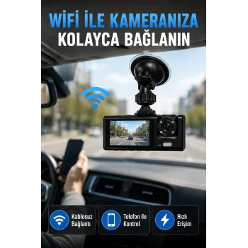 Çift Kameralı WiFi Araç Kamerası 170° Geniş Açı Full HD Araç İçi Kayıt Sistemi