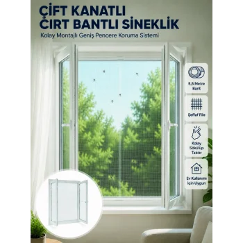 Çift Kanatlı Cırt Bantlı Pencere Sinekliği Kolay Montajlı Beyaz File
