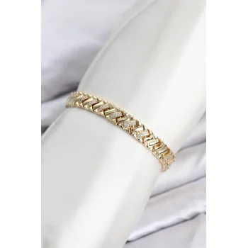 CM Geometrik Model Zirkon Taşlı VIP Seri Gold Renk Pirinç Kadın Bileklik