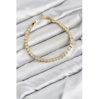 CM Şerit Model Zirkon Taşlı VIP Seri Gold Renk Pirinç Kadın Bileklik