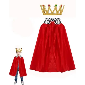 Çocuk Kral Pelerini 90 cm ve Altın Renk Kral Taç Seti (5047)