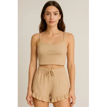 Crop Takım - Askılı Crop Takım Likralı Bej (XL)