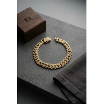 Cuban Zincir Model Zirkon Taşlı Gold Renk Erkek Bileklik