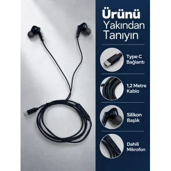 Dahili Mikrofonlu Type C Kablolu Kulaklık Siyah Gövde