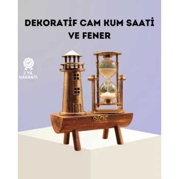 Dekoratif Ahşap Kum Saati ve Deniz Feneri Figürlü Masa Süsü – Şık ve Fonksiyonel Tasarım