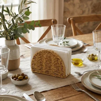 Dekoratif Plastik Rattan Yarım Yuvarlak Peçetelik–Doğal Hasır Dokulu Masaüstü Peçete Standı (5047)