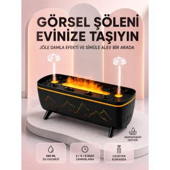Dekoratif Siyah Hava Nemlendirici Jöle Damla ve Alev Efektli LED Işıklı Aroma Difüzörü