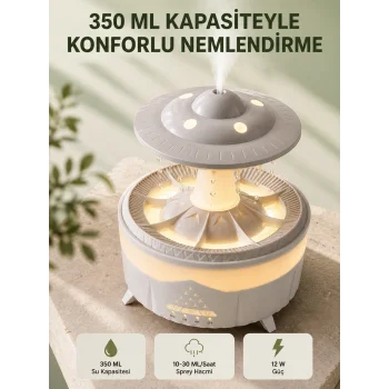 Dekoratif UFO Hava Nemlendirici Simüle Yağmur Damlalı Renkli Gece Işıklı 350 ML