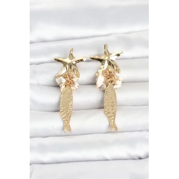 Deniz Yıldızı ve Balık Detaylı Krem Taşlı Gold Renk Kadın Küpe