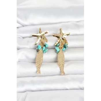 Deniz Yıldızı ve Balık Detaylı Mavi Taşlı Gold Renk Kadın Küpe