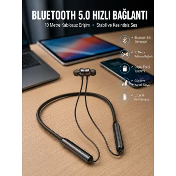 Dijital Göstergeli Kulak İçi Kablosuz Bluetooth Kulaklık Boyun Bantlı Yeni Nesil