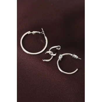 Düğüm Model Gümüş Renk Metal Çoklu Halka Küpe