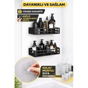 Duş İçi Yapışkanlı Banyo Rafı 2’li Set Delme Yok Güçlü Yapışkan Bantlı Organizer